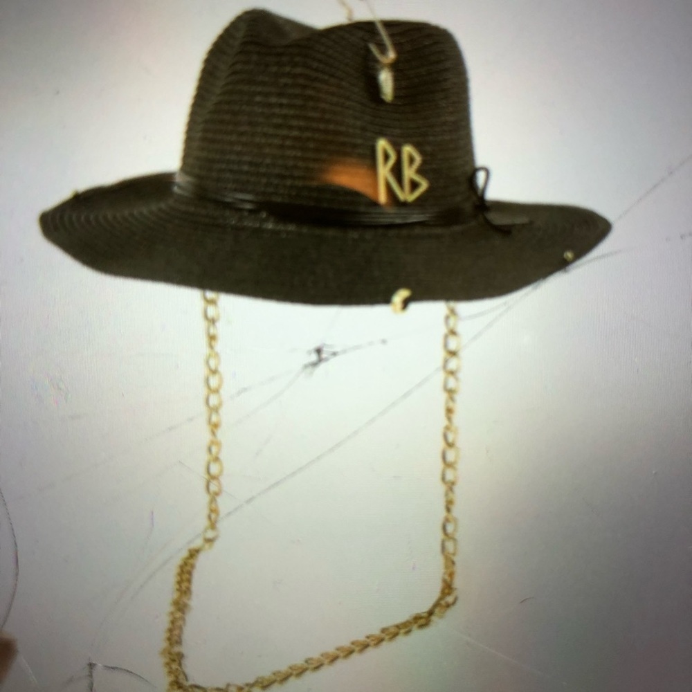 Branded Black nEw7/4 LIkE RB note not RB!!Straw Fedora Hat with Gold Chain